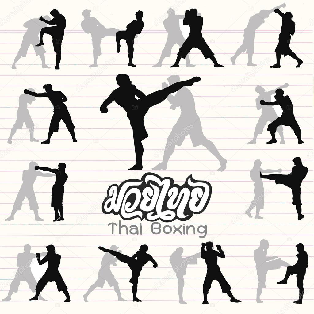 Thai boxing. Muay Thai martial art vector illustration collection. Muay Thai (Popular Thai Boxing style) text, font, graphic vector. Muay Thai beautiful vector logo for gym or other