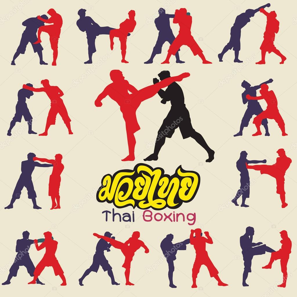 Thai boxing. Muay Thai martial art vector illustration collection. Muay Thai (Popular Thai Boxing style) text, font, graphic vector. Muay Thai beautiful vector logo for gym or other