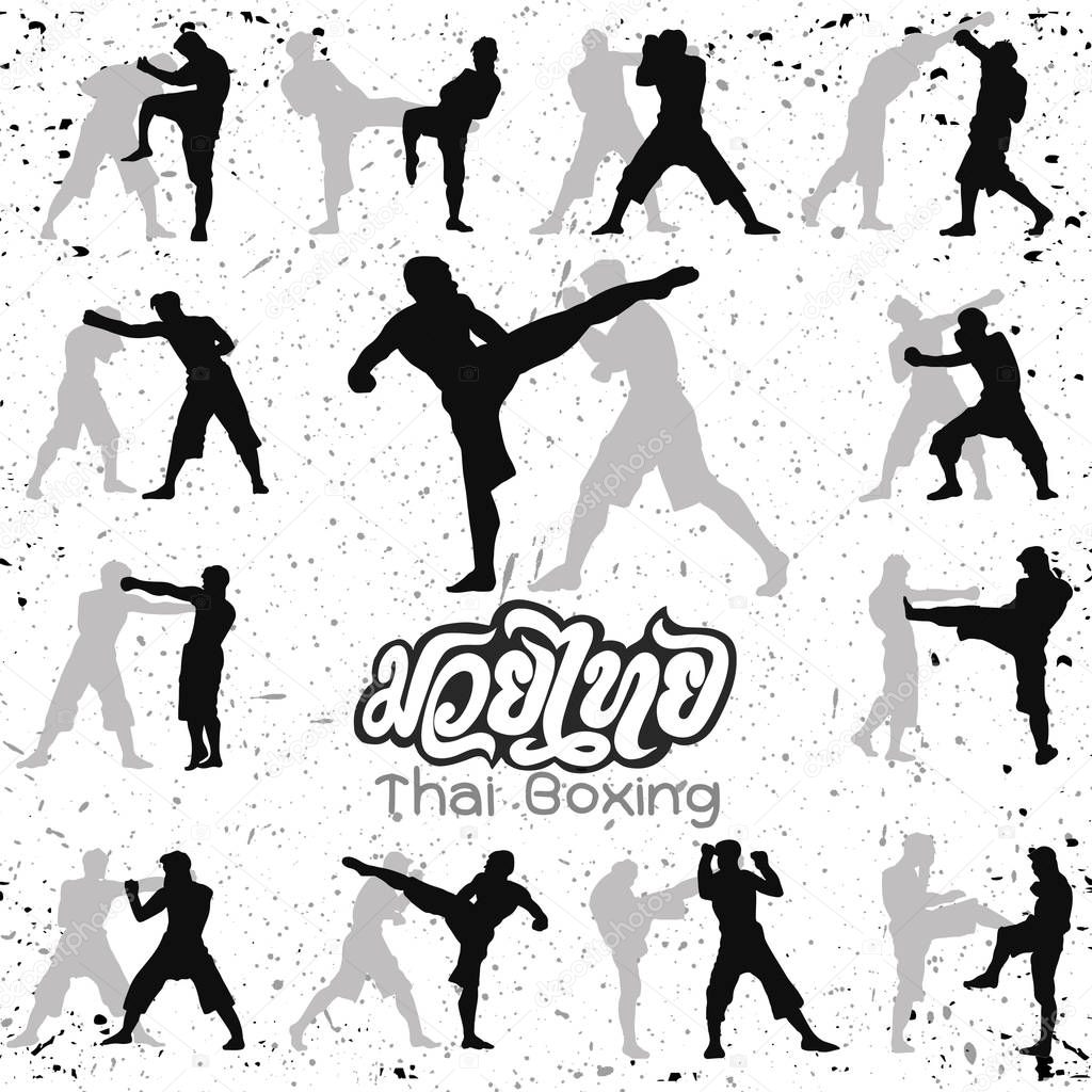 Thai boxing. Muay Thai martial art vector illustration collection. Muay Thai (Popular Thai Boxing style) text, font, graphic vector. Muay Thai beautiful vector logo for gym or other