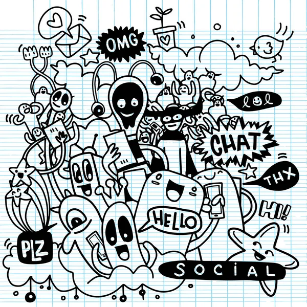 Τέρατα και χαριτωμένο αλλοδαπός φιλικές, κοινωνικές ΜΜΕ doodle, εικονογράφηση διάνυσμα — Διανυσματικό Αρχείο