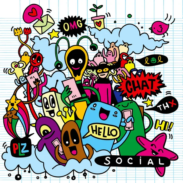 Szörnyek és aranyos idegen barátságos, szociális média doodle, vektoros illusztráció — Stock Vector