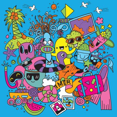 Elle çizilmiş vektör çizim yaz unsurları ayarlayın. El çizimi Doodle, sevimli canavar 