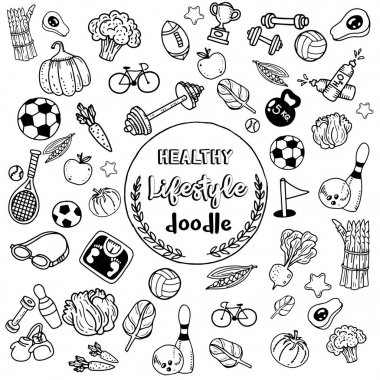 Sağlıklı yaşam doodle. Tasarım tema f ince çizgi simgeleri ile