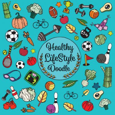 Sağlıklı yaşam doodle. Tasarım tema f ince çizgi simgeleri ile