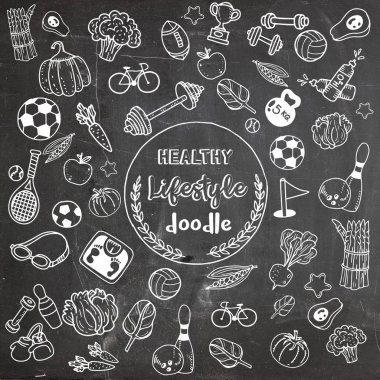 Sağlıklı yaşam doodle. Tasarım tema f ince çizgi simgeleri ile
