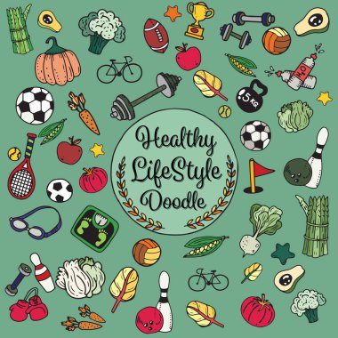 Sağlıklı yaşam doodle. Tasarım tema f ince çizgi simgeleri ile