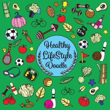 Sağlıklı yaşam doodle. Tasarım tema f ince çizgi simgeleri ile