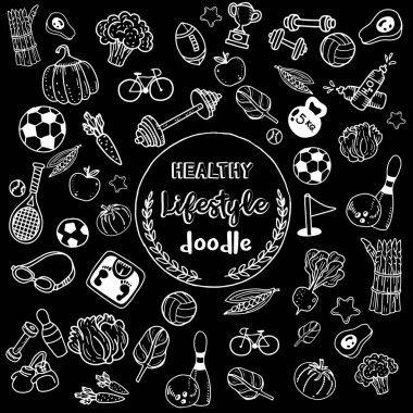 Sağlıklı yaşam doodle. Tasarım tema f ince çizgi simgeleri ile