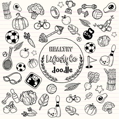 Sağlıklı yaşam doodle. Tasarım tema f ince çizgi simgeleri ile