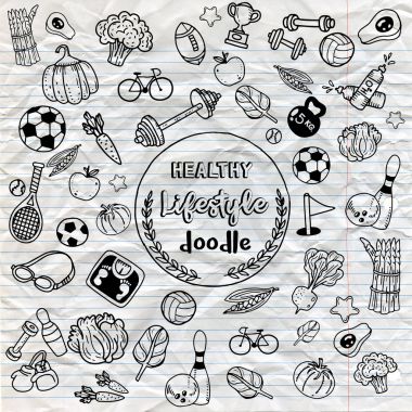 Sağlıklı yaşam doodle. Tasarım tema f ince çizgi simgeleri ile
