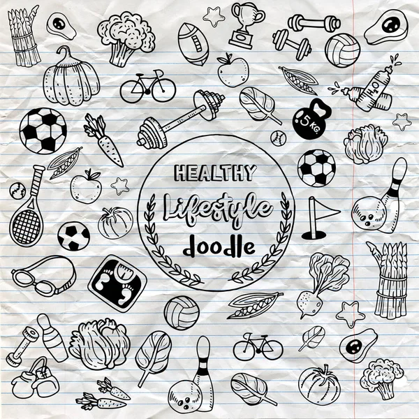 Sağlıklı yaşam doodle. Tasarım tema f ince çizgi simgeleri ile