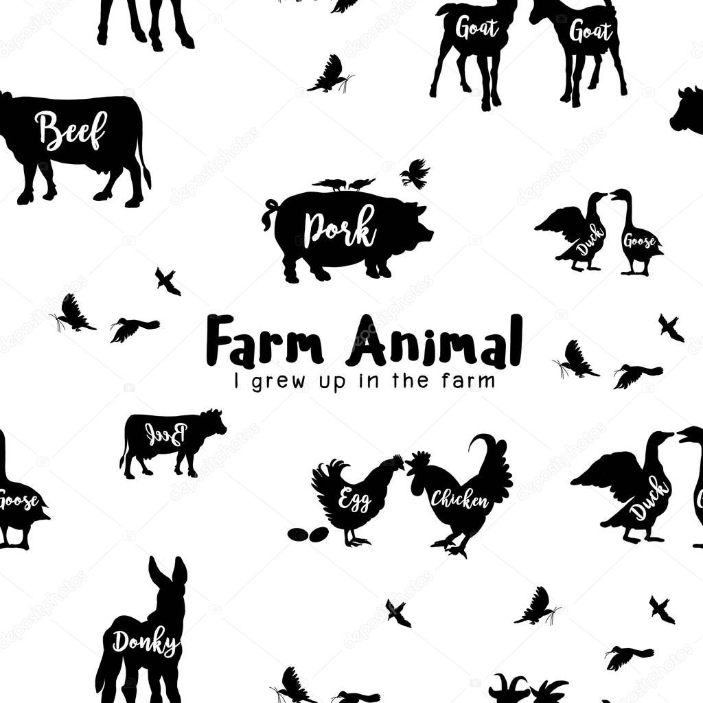 Vector Farm Animals Silhouettes Isolated  ,Vector illustration.Seamless pattern 