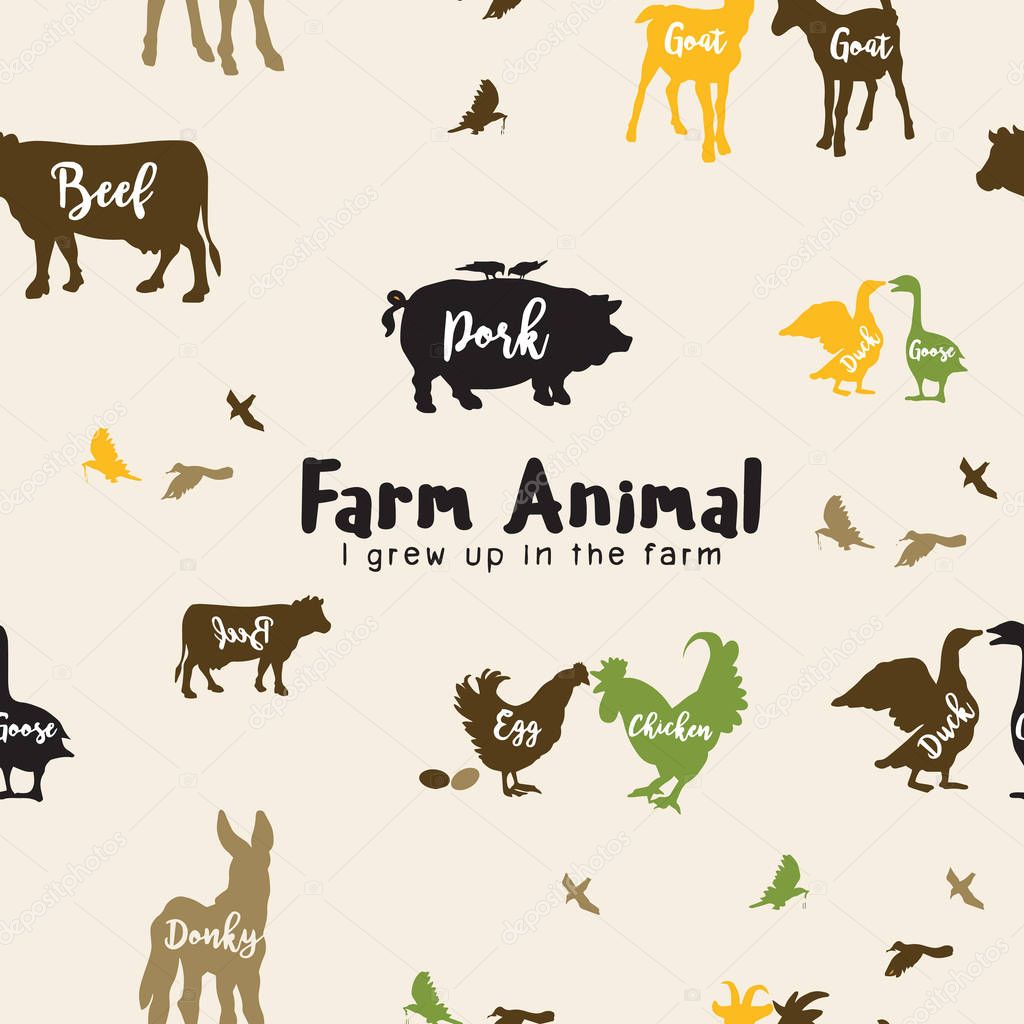Vector Farm Animals Silhouettes Isolated  ,Vector illustration.Seamless pattern 