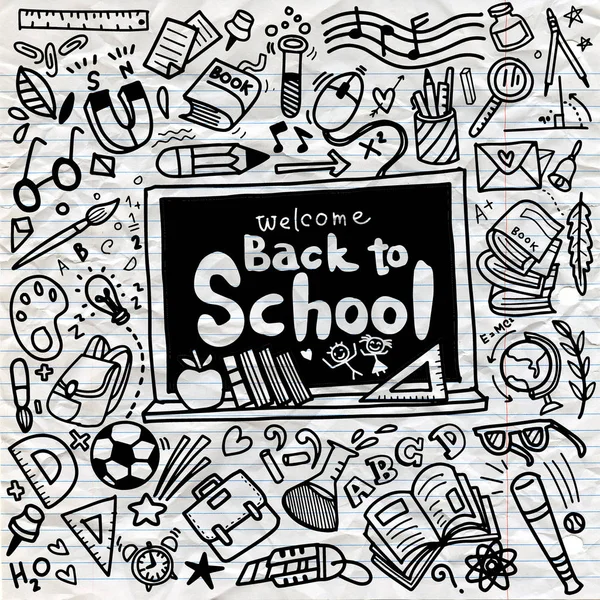 Välkommen tillbaka till skolan affisch med doodles, vektor illustration. — Stock vektor