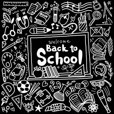 Hoş geldin geri poster karalamalar ile okul, illüstrasyon vektör için.