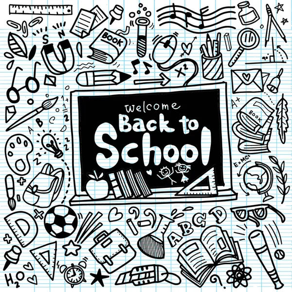 Welkom terug op School poster met doodles, Vector Illustratie. — Stockvector