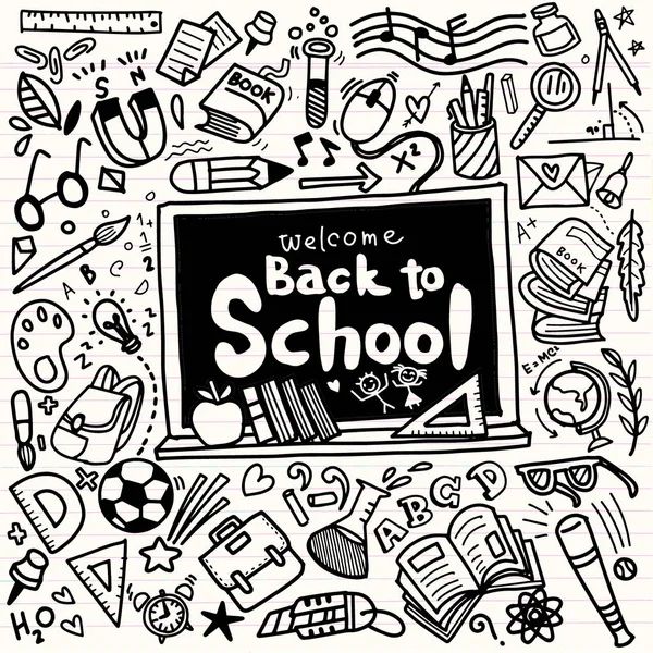 Willkommen zurück auf dem Schulplakat mit Doodles, Vektorillustration. — Stockvektor
