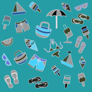 vektör simgeler ve nesneleri yaz plaj el çekilmiş