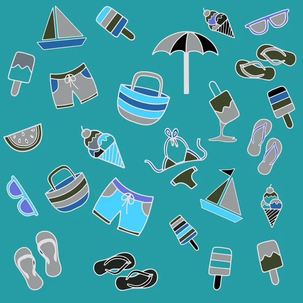 Sommer Strand handgezeichnete Vektorsymbole und Objekte — Stockvektor