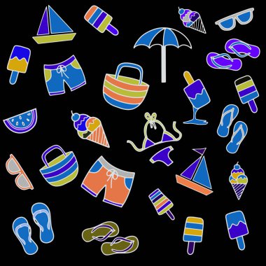 vektör simgeler ve nesneleri yaz plaj el çekilmiş