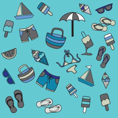 vektör simgeler ve nesneleri yaz plaj el çekilmiş