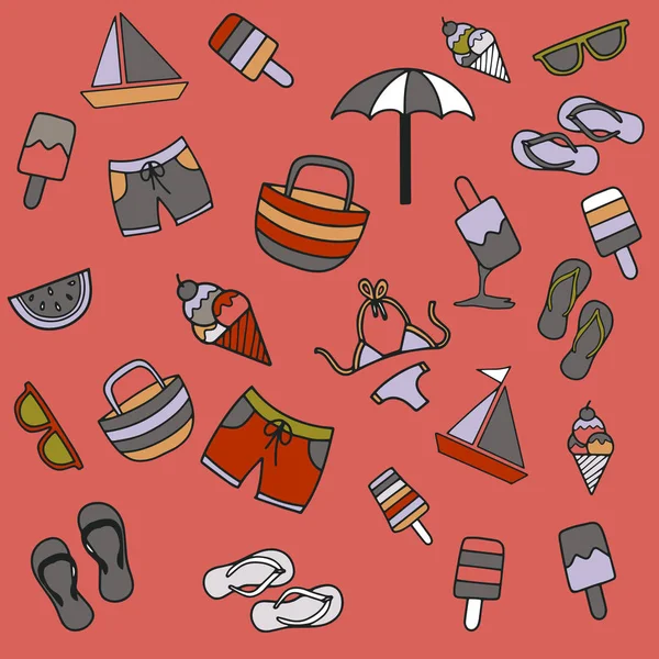 Playa de verano dibujado a mano vectores símbolos y objetos — Vector de stock