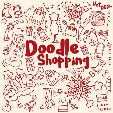 El çizim moda alışveriş, Doodle stil, illüstrasyon vektör