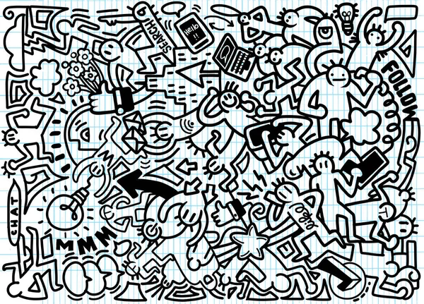 Διάνυσμα τέχνη γραμμή Doodle γελοιογραφία σύνολο ανθρώπους, αντικείμενα και Ταμβάκη — Διανυσματικό Αρχείο
