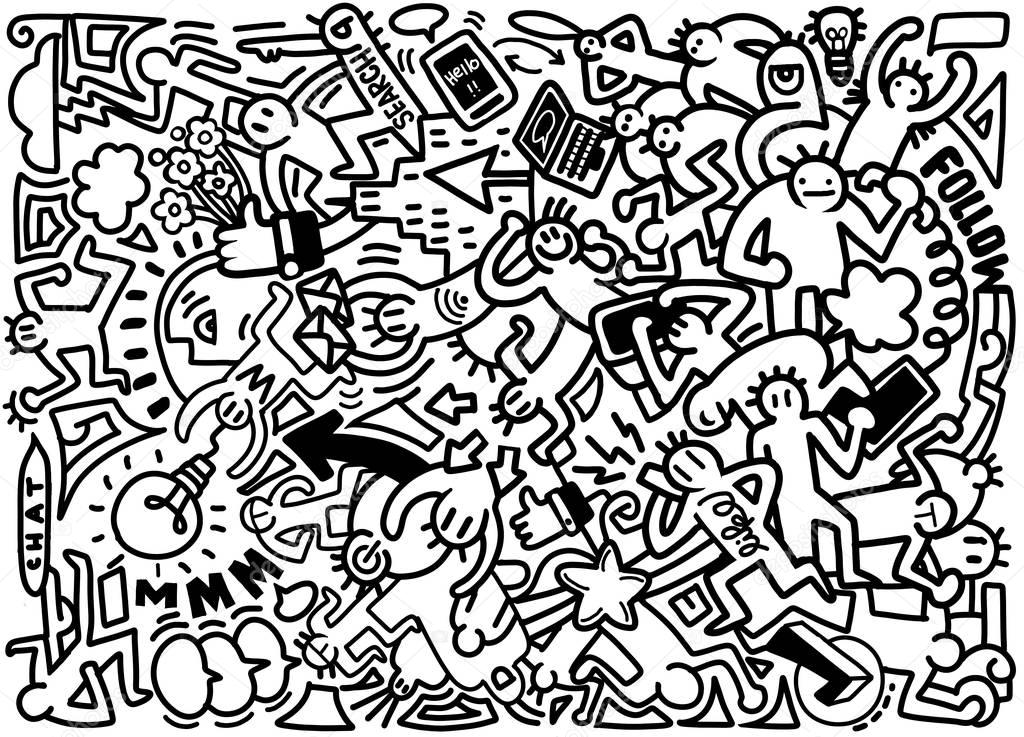Vector line art Doodle cartoon set of people , objects and symbo