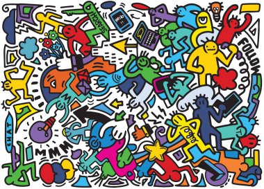 Vektör Hat sanatı Doodle çizgi film dizi insanlar, nesneler ve işaret