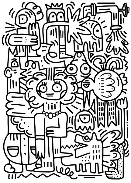 Šťastné rodiny kreslené postavičky, ruka Doodle styl kreslení — Stockový vektor