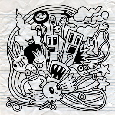 Doodle vektör canavar parti ayarla. Halloween karakterler. Şirin anim