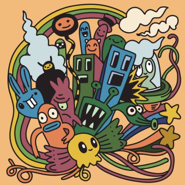 Doodle vektör canavar parti ayarla. Halloween karakterler. Şirin anim