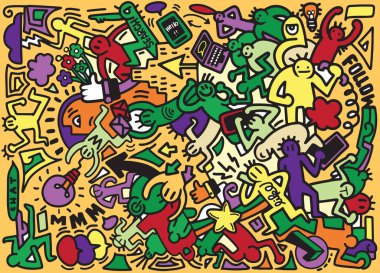 Vektör Hat sanatı Doodle çizgi film dizi insanlar, nesneler ve işaret