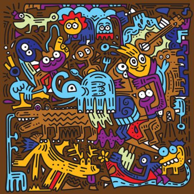 El komik hayvan, illustrat çizilmiş vektör çizim, Doodle