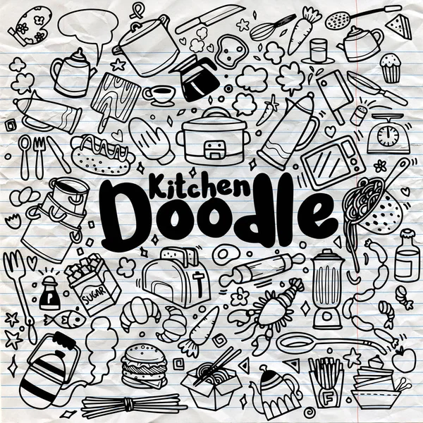 Cocina cocina Doodle iconos hechos a mano — Vector de stock