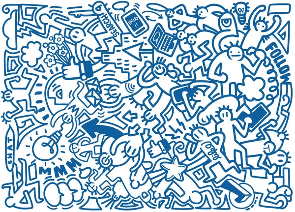 Linha vetorial arte Doodle conjunto de desenhos animados de pessoas, objetos e simbolismo — Vetor de Stock