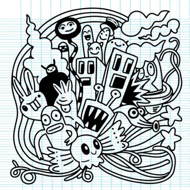 Doodle vektör canavar parti ayarla. Halloween karakterler. Şirin anim