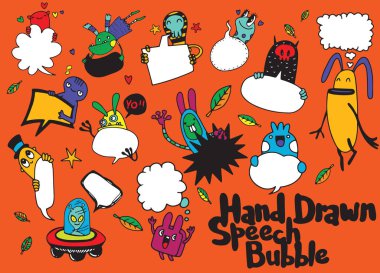 Dizi komik canavar ve sevimli boş konuşma balonu doodle 