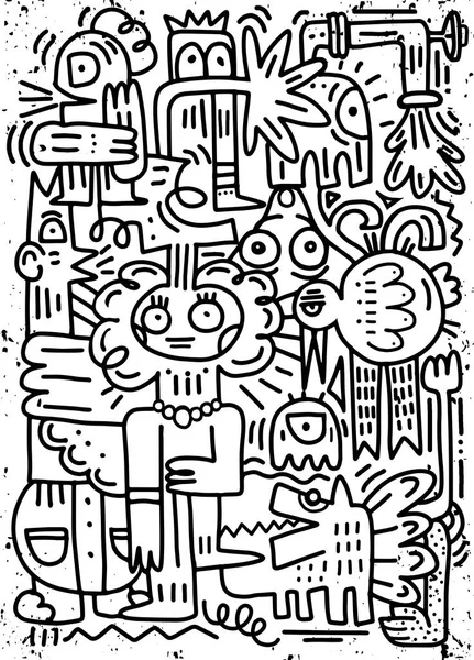 Happy van familie stripfiguur, Doodle hand-tekening stijl — Stockvector