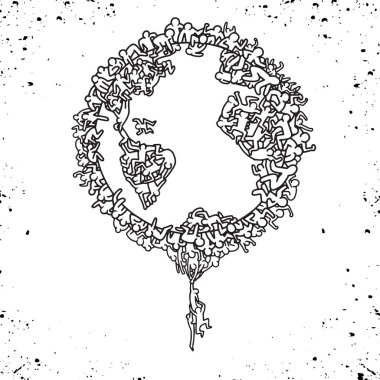 Vektör çizim, dünya küre insanlar, çizim, düz tasarımı Illustrator satırı araçları ile çizilmiş El