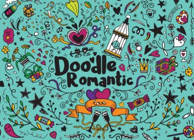 Büyük afiş, Freeh ile romantik tarzı elle çizilmiş öğeleri kümesi