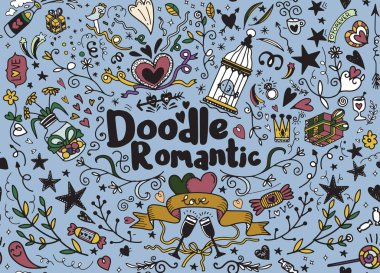 Büyük afiş, Freeh ile romantik tarzı elle çizilmiş öğeleri kümesi