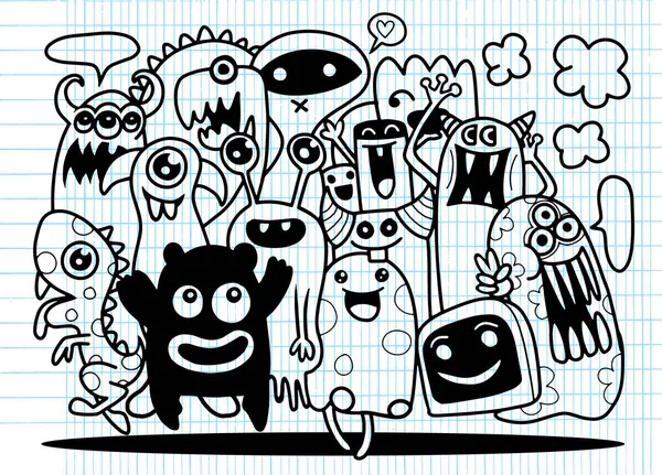 Conjunto de monstro bonito, Desenho à mão grupo de monstro doodle bonito, ilustração de vetor de design plano. estilo doodle —  Vetores de Stock