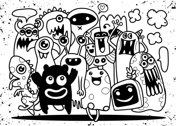 Ensemble de monstre mignon, Dessin à la main mignon groupe monstre doodle, Flat De — Image vectorielle