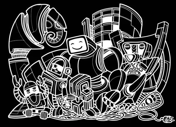 Ensemble de robots vectoriels en style dessin animé. Robots vectoriels isolés, Ve — Image vectorielle