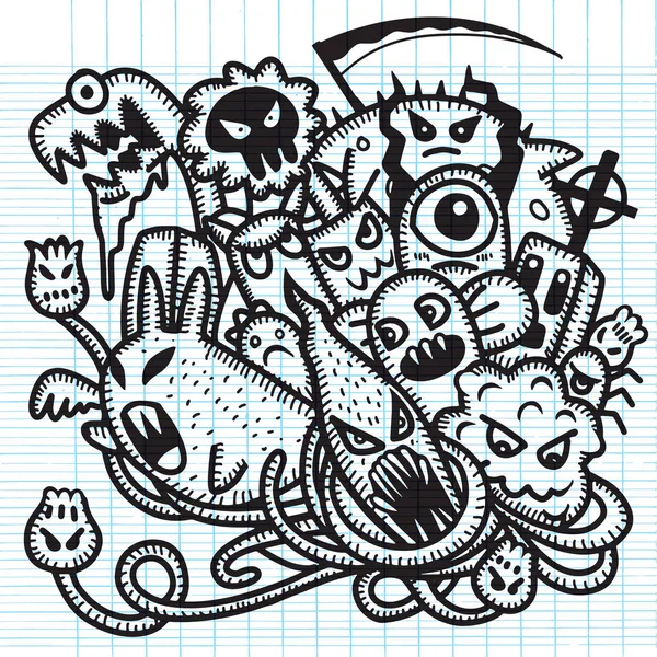 Hipster mão desenhada louco doodle monstro grupo, desenho style.Vector ilustração —  Vetores de Stock