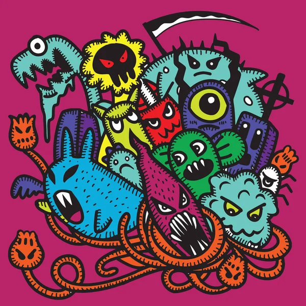 Hipster dibujado a mano loco doodle monstruo grupo, dibujo style.Vec — Archivo Imágenes Vectoriales