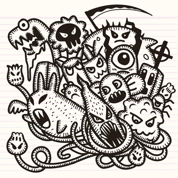 Hipster mão desenhada louco doodle monstro grupo, desenho style.Vector ilustração — Vetor de Stock