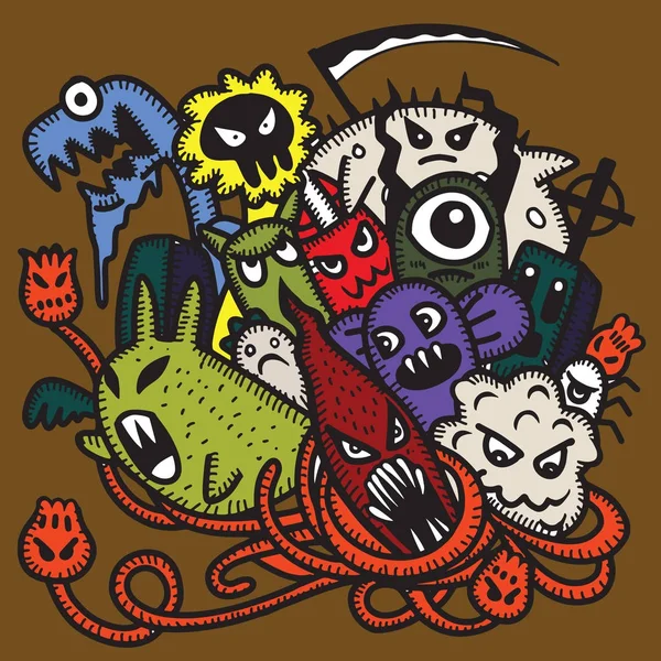 Csípő kézzel rajzolt őrült doodle Monster csoport, rajz stílust. Vec — Stock Vector